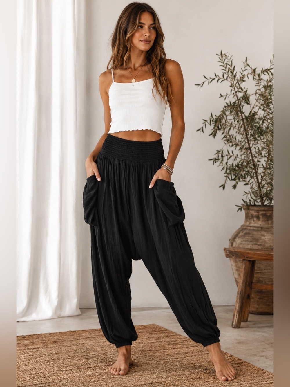 Free People Black Cotton Gauze Harem Pants Smocked Waist Boho Oversized Pock